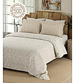 Isabella 500 TC Tencel Cotton King Size Bedsheet with 4 Pillow Covers (Double Marrow Stitch) - Beige & White Floral Print