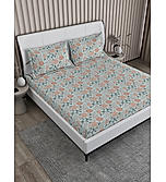 Signature Sateen 100% Cotton 300 TC Blue Floral Print Anti Viral King Bedsheet with 2 Pillow Covers