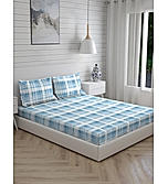 Signature Sateen 300 TC 100% Cotton Ultra Fine Blue Checkered Print King Bedsheet Set