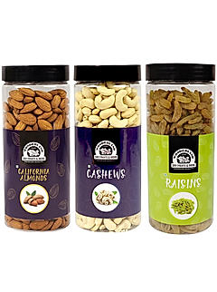 Wonderland Foods - Dry Fruits Raw California Almonds, Raw Cashews, Raisins Combo Pack 1.5Kg (500g X 3) Re-Usable Jar | High in Fiber & Boost Immunity