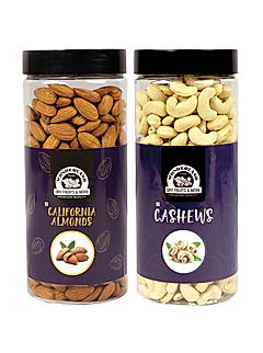 Wonderland Foods - Dry Fruits Raw California Almonds & Raw Cashews Combo Pack 1Kg (500g X 2) Re-Usable Jar | High in Fiber & Boost Immunity