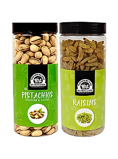 Wonderland Foods - Dry Fruits Roasted Salted Pistachios, Raisins Combo Pack 1Kg (500g X 2) Re-Usable Jar | High in Fiber & Boost Immunity