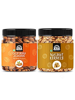 Wonderland Foods - Dry Fruits Premium Raw Almonds 200g & Walnut Kernels 150g | 350g (200g + 150g) Re-Usable Jar | High in Fiber & Boost Immunity