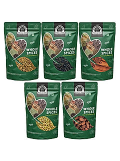 Wonderland Foods - Whole Spices Premium Combo of Cumin, Black Pepper, Cinnamon, Coriander & Black Cardamom 500g (100g x 5) Pouch