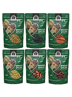 Wonderland Foods - Whole Spices Premium Combo of Cumin, Black Pepper, Cinnamon, Coriander, Black Cardamom & Cloves 600g (100g X 6) Pouch