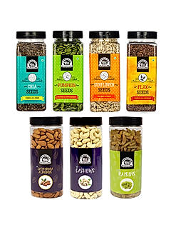 Wonderland Foods - Almond, Cashew, Raisin 500g Each & Roasted Chia, Pumpkin, Sunflower and Flax Seeds 200g Each - (2300g Combo) Re-Usable Jar | Healthy Immunity Booster | Seeds For Eating