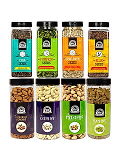 Wonderland Foods - Almond, Cashew, Roasted Salted Pistachios, Raisin 500g Each & Roasted Chia, Pumpkin, Sunflower and Flax Seeds 200g Each - (2800g Combo) Re-Usable Jar | Healthy Immunity Booster | Seeds For Eating