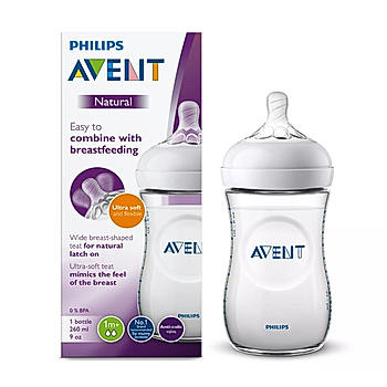 Avent Natural Bottle - | Ideal for 1 Month+ | Slow Flow | BPA Free | 260ml | Pack of 2 | SCF033/20