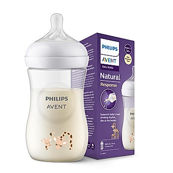 Avent Natural Response Feeding Bottle for Babies aged 1 month and above I Giraffe Pattern | 260ml | Pack of 1 | BPA Free | SCY903/66