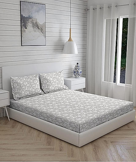Chalk Hills 100% Cotton 300 TC Ultra Fine Grey Floral Print King Bedsheet with 2 Pillow Covers