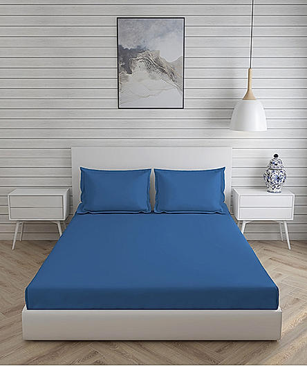 Kalpavriksha Cotton Bamboo 300 TC Blue Solid Print King Bedsheet with 2 Pillow Covers