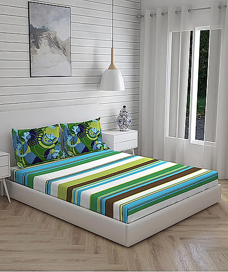 Rasta Rhyms 100% Fine Cotton Multicolor Stripes Print King Bedsheet Set