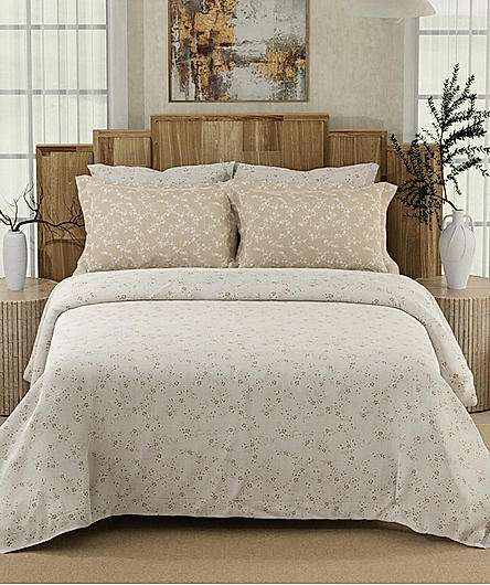 Isabella 500 TC Tencel Cotton King Size Bedsheet with 4 Pillow Covers (Double Marrow Stitch) - Beige & White Floral Print