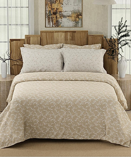 Isabella 500 TC Tencel Cotton King Size Bedsheet with 4 Pillow Covers (Double Marrow Stitch) - Beige & White Floral Print