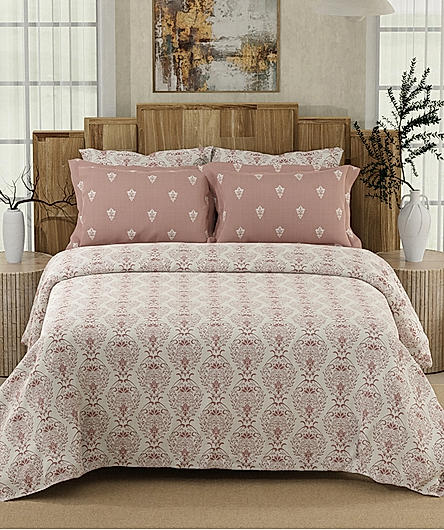 Isabella 500 TC Tencel Cotton King Size Bedsheet with 4 Pillow Covers (Double Marrow Stitch) - Pink & White Ethnic Print