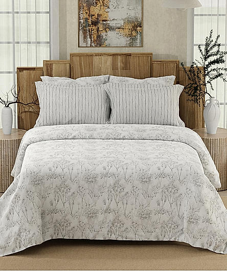 Isabella 500 TC Tencel Cotton King Size Bedsheet with 4 Pillow Covers (Double Marrow Stitch) - White & Grey Floral Print
