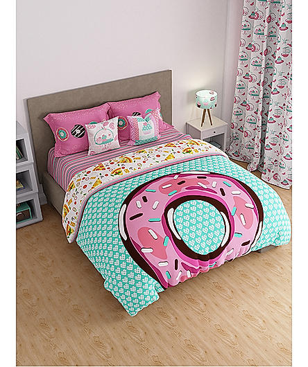 Rock & Room Fine Cotton Sea Blue & Pink Cartoon Print King Bedsheet Set