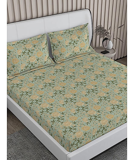 Signature Sateen 100% Cotton 300 TC Olive Green Floral Print Anti Viral King Bedsheet with 2 Pillow Covers