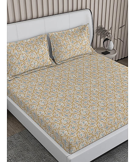 Signature Sateen 100% Cotton 300 TC Yellow Ethnic Print Anti Viral King Bedsheet with 2 Pillow Covers