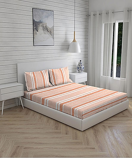 Signature Sateen 100% Cotton 300 TC Coral Stripes Print Anti Viral King Bedsheet with 2 Pillow Covers