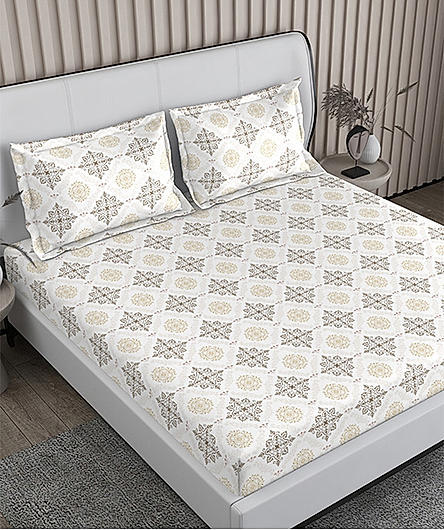 Baltic 224 TC Tencel Cotton Super Fine White Ethnic Print King Bedsheet Set