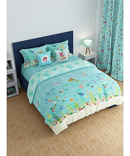 Rock & Room 150 TC Fine Cotton Sea Blue Cartoon Print Single Bedsheet Set