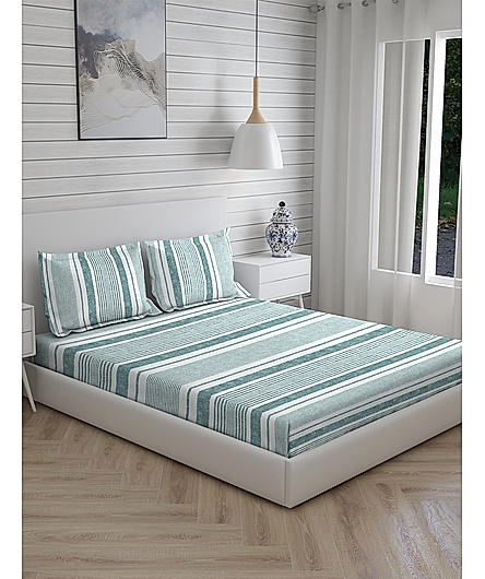 Signature Sateen 100% Cotton 300 TC Blue Stripes Print Anti Viral King Bedsheet with 2 Pillow Covers
