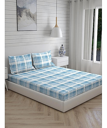 Signature Sateen 300 TC 100% Cotton Ultra Fine Blue Checkered Print King Bedsheet Set