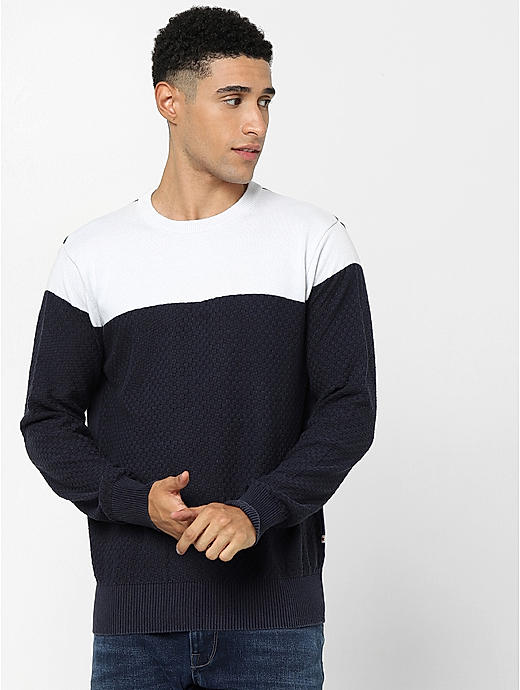 Navy Color Regular Fit Block Sweater