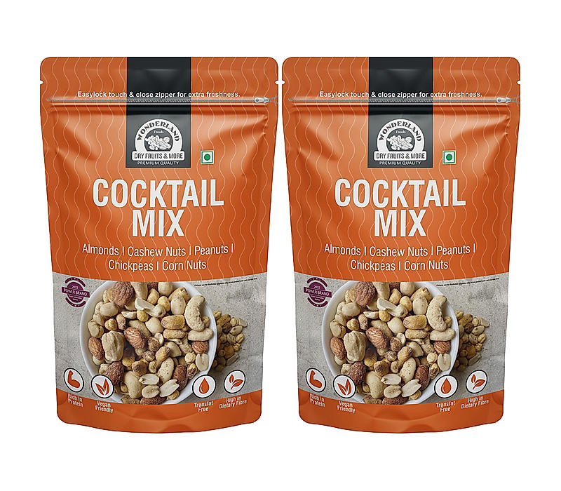 Wonderland Foods - Cocktail Mix 400g (200g X 2) Pouch | Raosted And Salted California Almond, Cashew, Peanuts, Chickpeas And Corn Nuts