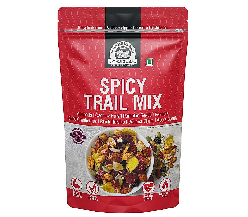 Wonderland Foods - Spicy Trail Mix Healthy Snack Dry Fruits 100g Pouch | Roasted Salted Cashew, Almonds, Pumpkin Seeds, Peanut, Cranberries, Black Raisins, Banana Chips, Apple Candy