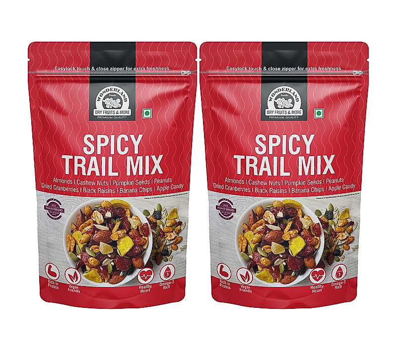 Wonderland Foods - Spicy Trail Mix Healthy Snack Dry Fruits 400g (200g X 2) Pouch | Roasted Salted Cashew, Almonds, Pumpkin Seeds, Peanut, Cranberries, Black Raisins, Banana Chips, Apple Candy