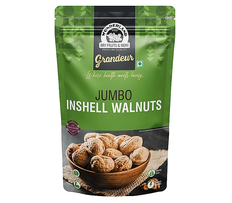 WONDERLAND FOODS Grandeur Premium California Jumbo Inshell Walnuts 500g Pouch | Walnut Akhrot | High in Protein & Iron | Low Calorie Nut | Healthy & Delicious