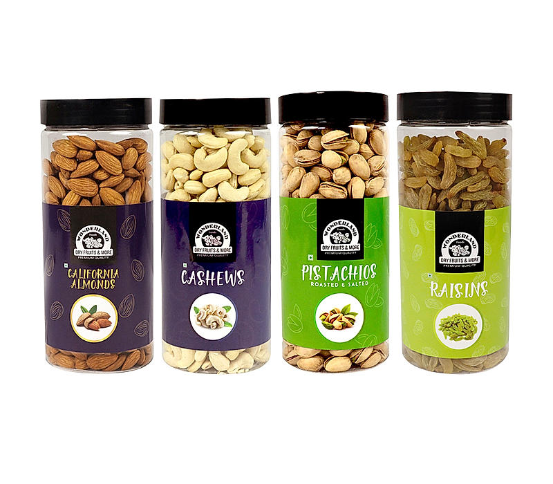Wonderland Foods - Dry Fruits Raw California Almonds, Raw Cashews, Roasted Salted Pistachios, Raisins Combo Pack 2Kg (500g X 4) Re-Usable Jar | High in Fiber & Boost Immunity