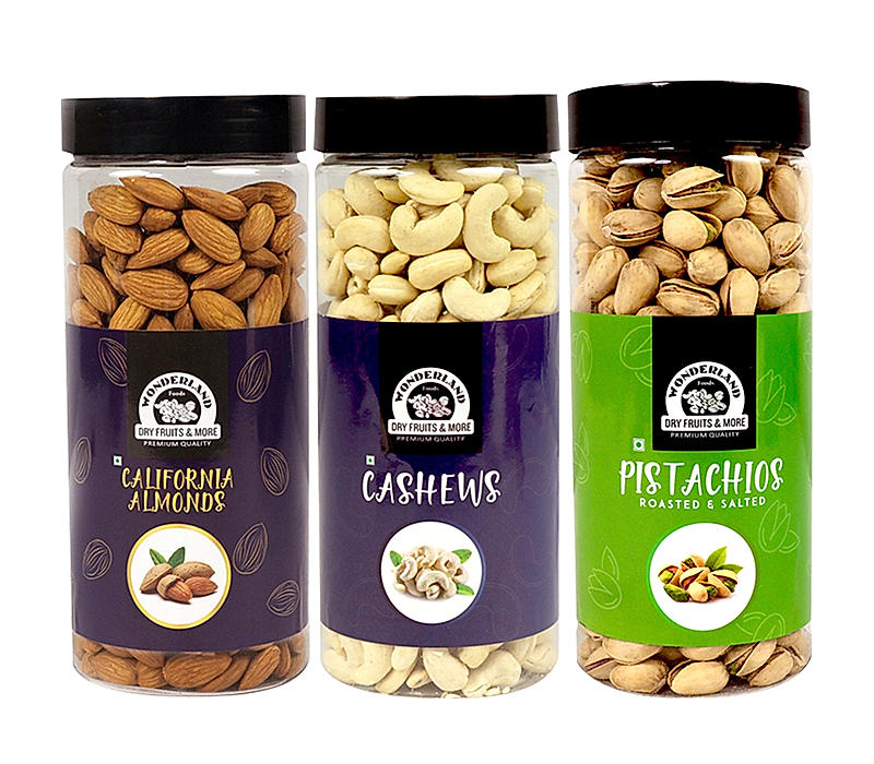 Wonderland Foods - Dry Fruits Premium Raw California Almonds, Raw Cashews & Roasted Salted Pistachios Combo Pack 1.5Kg (500g X 3) Re-Usable Jar | High in Fiber & Boost Immunity