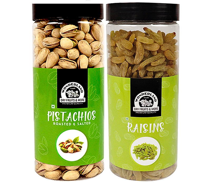 Wonderland Foods - Dry Fruits Roasted Salted Pistachios, Raisins Combo Pack 1Kg (500g X 2) Re-Usable Jar | High in Fiber & Boost Immunity