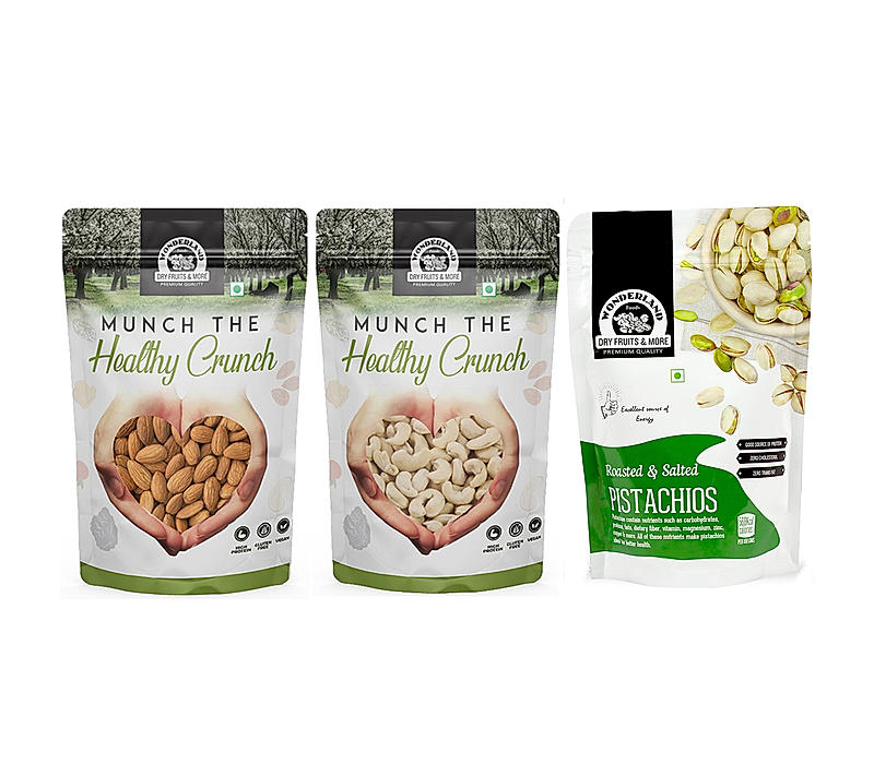 Wonderland Foods - Raw California Almonds, Raw Cashews & Roasted Salted Pistachios Combo Pack 600g (200g X 3) Pouch | High in Fiber & Boost Immunity