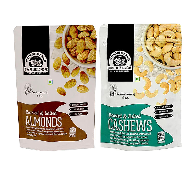 Wonderland Foods - Dry Fruits Roasted Salted Almonds 200g, Roasted Salted Cashews 200g Combo Pack Re-Sealable Pouch | High in Fiber & Boost Immunity