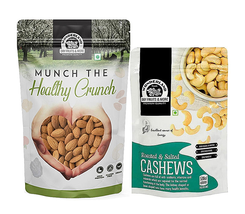 Wonderland Foods - Dry Fruits Raw California Almonds 200g, Roasted Salted Cashews 100g Pouch Combo Pack | High in Fiber & Boost Immunity