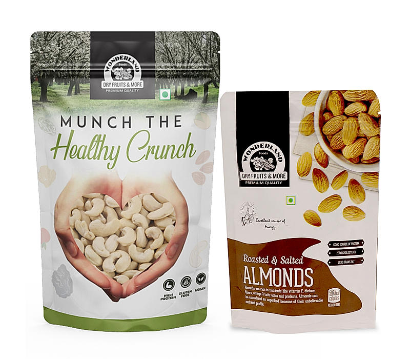 Wonderland Foods - Dry Fruits Raw Cashews 200g & Roasted Salted Almonds 100g Pouch | High in Fiber & Boost Immunity