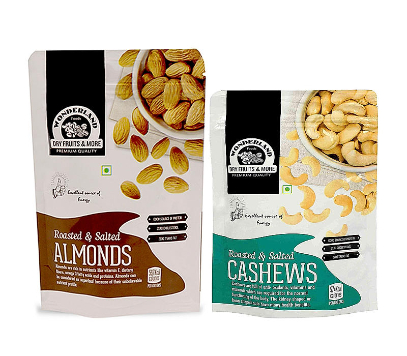 Wonderland Foods - Dry Fruits Roasted Salted Almonds 200g, Roasted Salted Cashews 100g Combo Pack Re-Sealable Pouch | High in Fiber & Boost Immunity