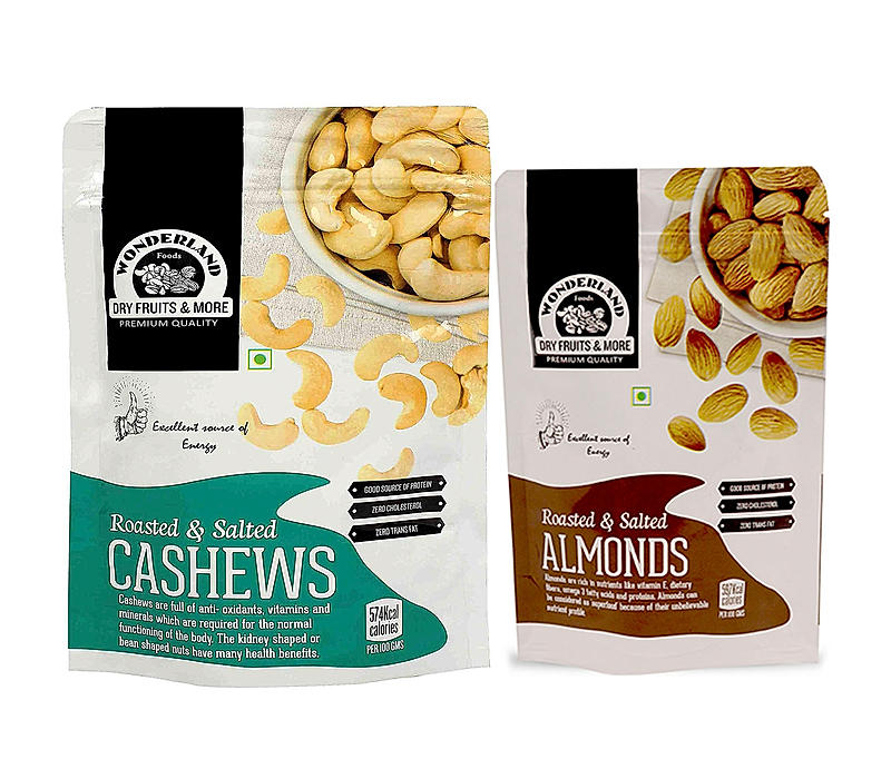 Wonderland Foods - Dry Fruits Roasted Salted Cashews 200g, Roasted Salted Almonds 100g Combo Pack Re-Sealable Pouch | High in Fiber & Boost Immunity