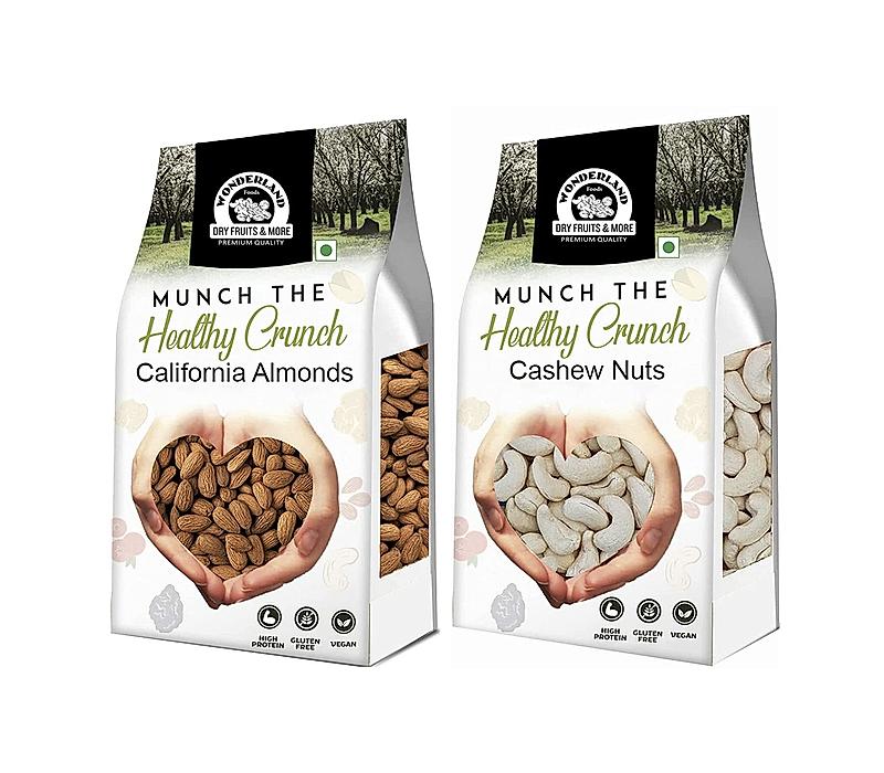 Wonderland Foods - Dry Fruits Premium Raw Almonds, Raw Whole Cashews | 2Kg (1Kg X 2) Pouch | High in Fiber & Boost Immunity
