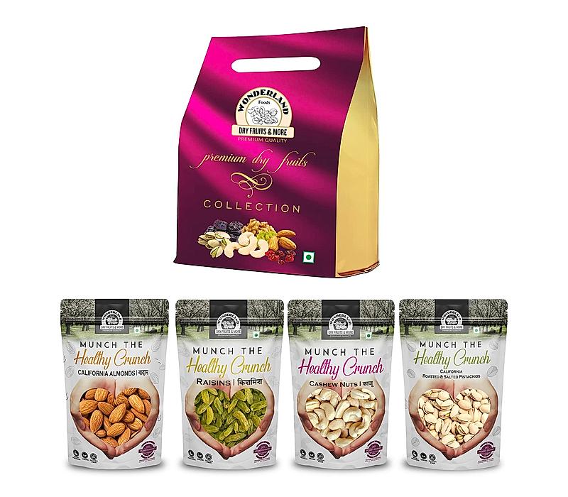 Wonderland Foods - Dry Fruits Gift Pack 200g (50g X 4) Pouch | Roasted Salted Pistachios, Raw Almonds, Cashews & Raisins Collection Pack