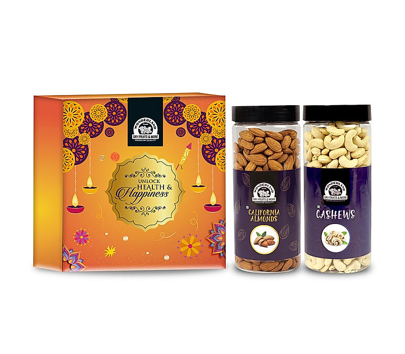 Wonderland Foods - Dry Fruits Gift Pack 1Kg (500g X 2) Re-Usable Jar | Raw Almonds, Raw Cashews | Family | Corporate Combo