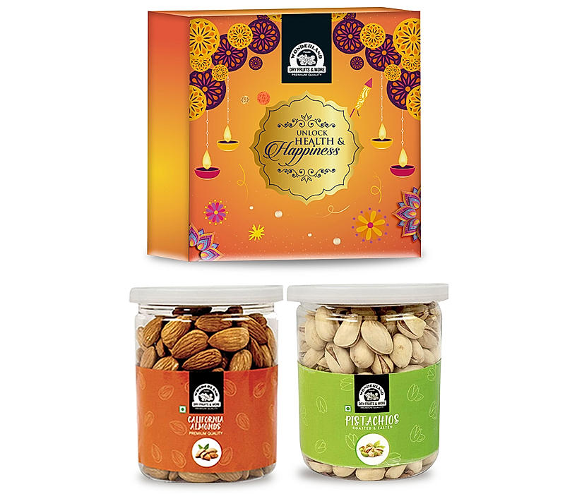 Wonderland Foods - Dry Fruits Gift Pack 400g (200g X 2) Re-Usable Jar | Roasted Salted Pistachios, Raw Almonds | Family | Corporate Combo