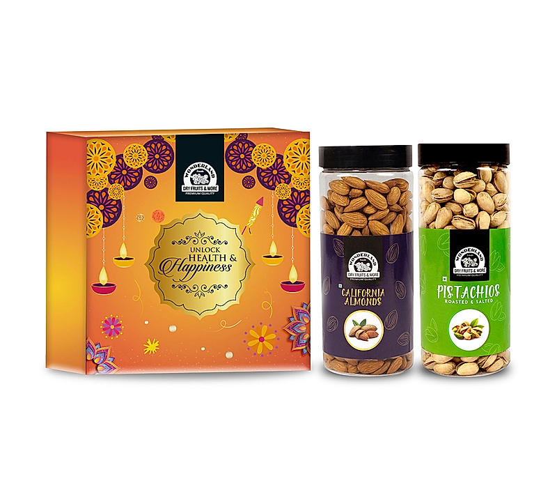 Wonderland Foods - Dry Fruits Gift Pack 1Kg (500g X 2) Re-Usable Jar | Roasted Salted Pistachios, Raw Almonds | Family | Corporate Combo