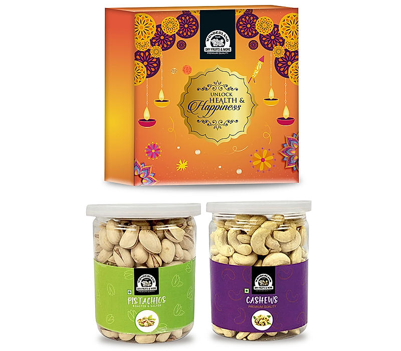 Wonderland Foods - Dry Fruits Gift Pack 400g (200g X 2) Re-Usable Jar | Roasted Salted Pistachios, Raw Cashews | Family | Corporate Combo