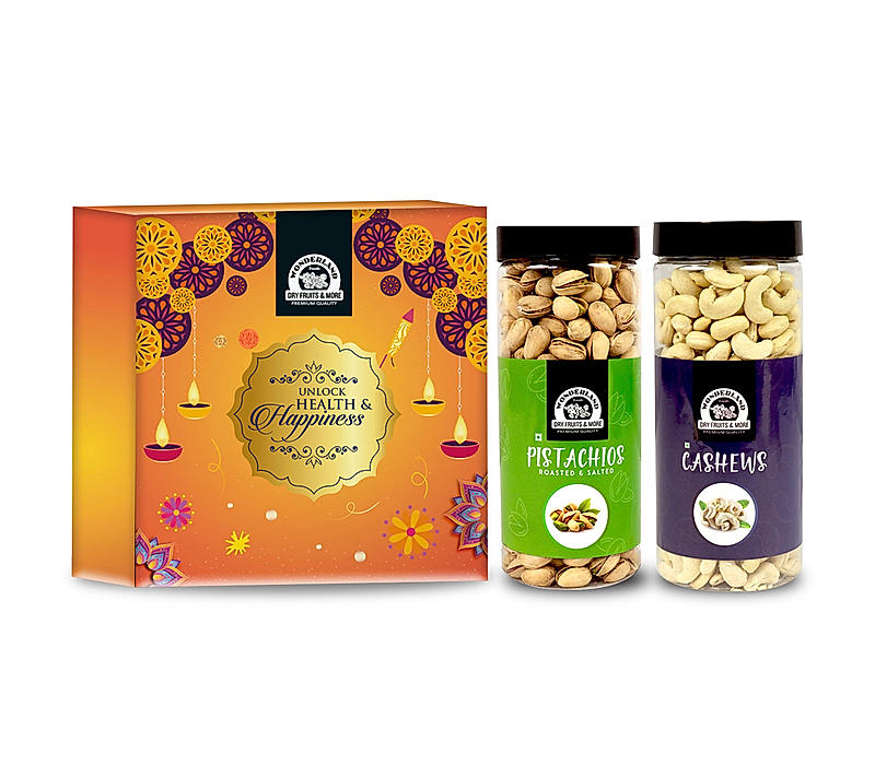 Wonderland Foods - Dry Fruits Gift Pack 1Kg (500g X 2) Re-Usable Jar | Roasted Salted Pistachios, Raw Cashews | Family | Corporate Combo