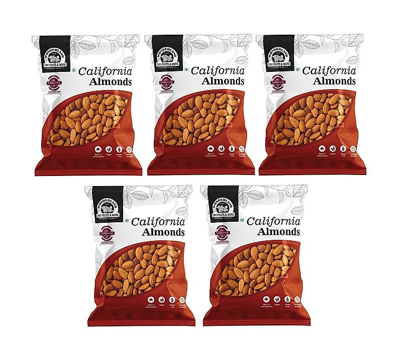 Wonderland Foods - Natural Raw California Almonds 500g (100g X 5) Pouch Pack | Badam Giri | Nutritious & Delicious High in Fiber & Boost Immunity | Real Nuts | Gluten Free